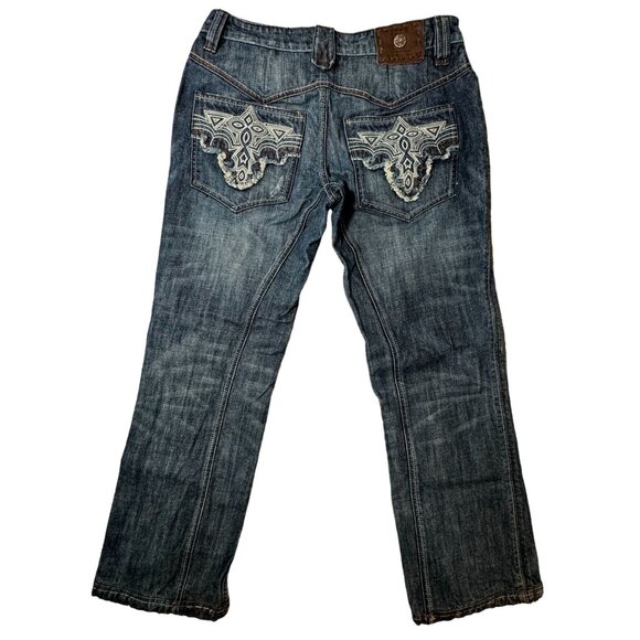 Antik Jeans Mens 33 Actual 34x30 Embroidered Pocket Brown Stitching Button Fly - Picture 1 of 14